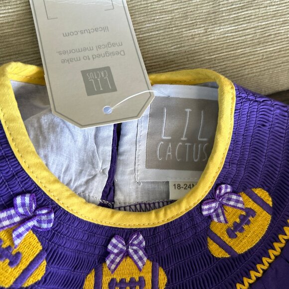 NWT LIL CACTUS ~ SMOCKED FOOTBALL DRESS ~ sz.18-24mos. ~ LSU COLORS ~ BOWS - Picture 5 of 7